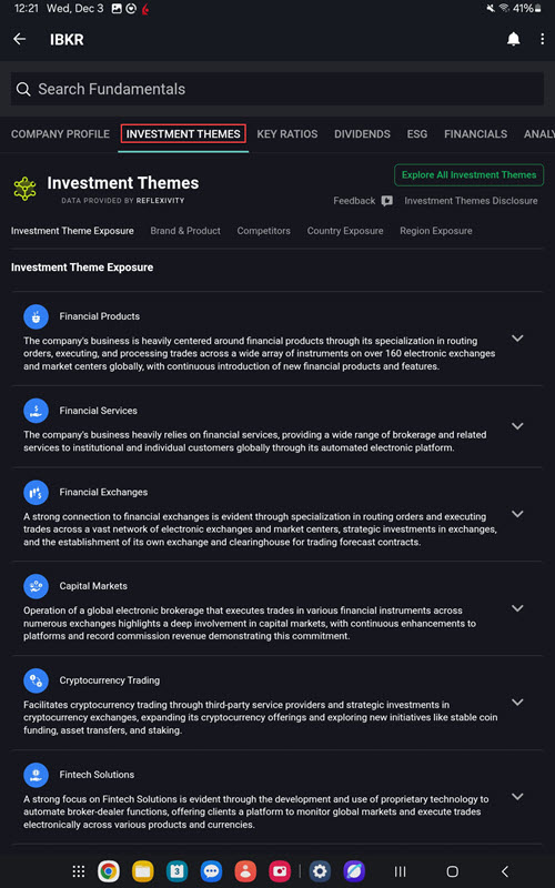 The investment themes on the android tablet